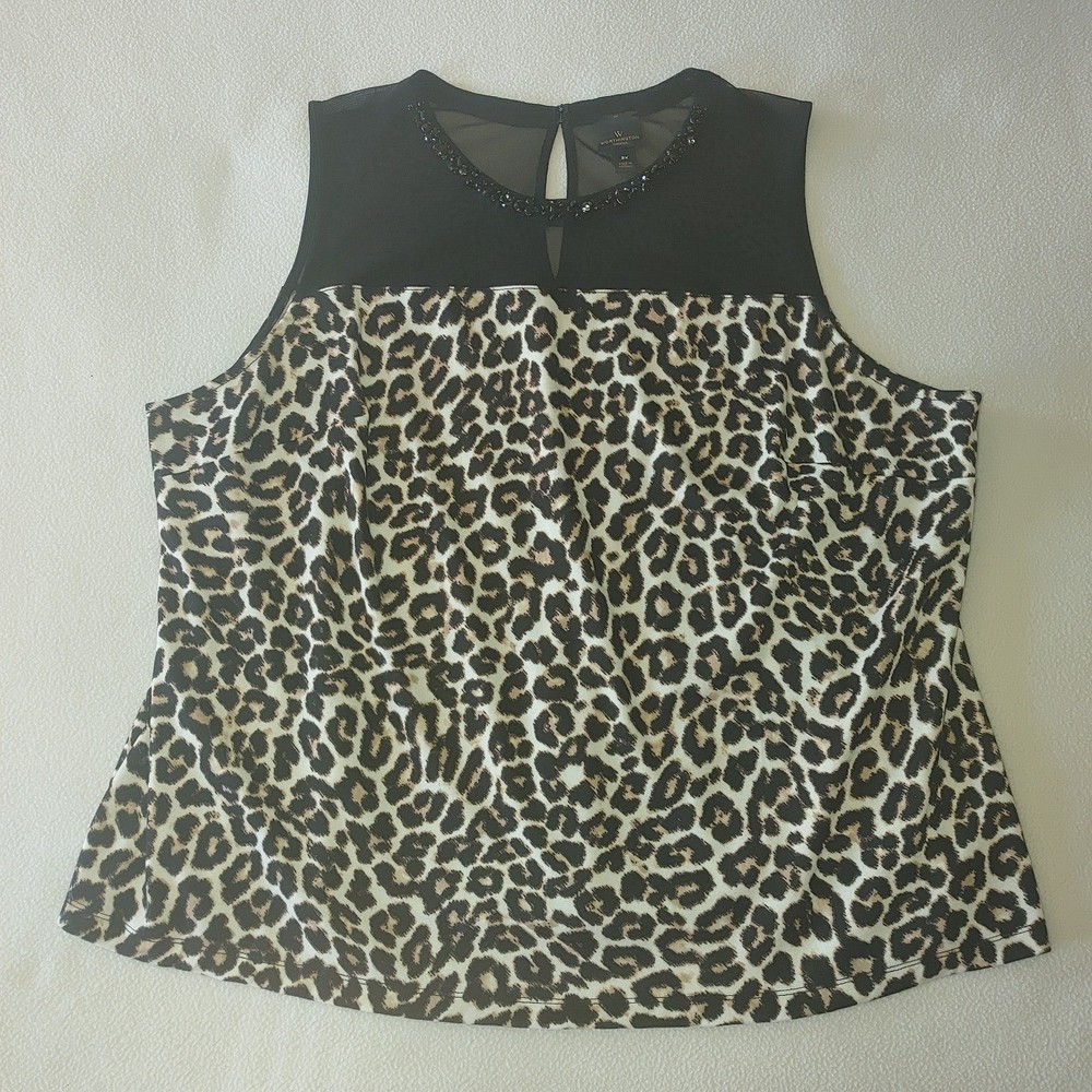 Worthington Woman Size 3X Sleeveless Blouse Animal Print Embellished Collar.
